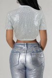 White Casual Solid Color Sequins Buttons Patchwork Turndown Collar Tops