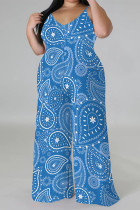 Baby Blue Casual Floral Print Contrast V Neck Plus Size Jumpsuits(With a turban)