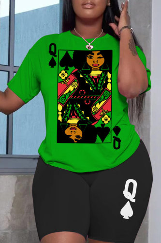 Green Casual Print Basic O Neck Short Sleeve Two Pieces