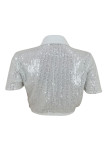 White Casual Solid Color Sequins Buttons Patchwork Turndown Collar Tops
