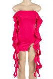 Rose Red Sexy Solid Color Patchwork Backless Slit Stringy Selvedge Off Shoulder Wrapped Skirt Dresses