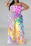 Multi-color Casual Floral Print Contrast V Neck Plus Size Jumpsuits(With a turban)
