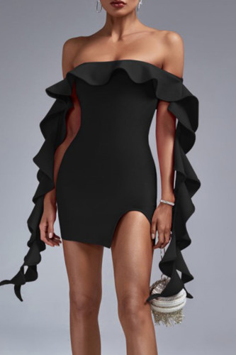 Black Sexy Solid Color Patchwork Backless Slit Stringy Selvedge Off Shoulder Wrapped Skirt Dresses