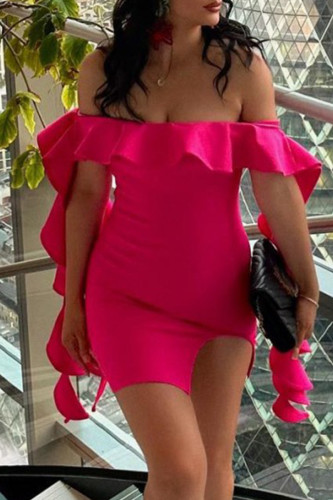 Rose Red Sexy Solid Color Patchwork Backless Slit Stringy Selvedge Off Shoulder Wrapped Skirt Dresses