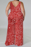 Multi-color Casual Floral Print Contrast V Neck Plus Size Jumpsuits(With a turban)