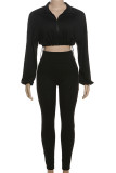 Green Casual Solid Color Draw String Patchwork Zipper Zipper Collar Long Sleeve Two Pieces