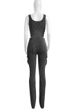 Light Blue Casual Solid Color Pocket Patchwork U Neck Sleeveless Two Pieces