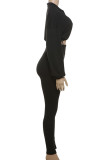 Green Casual Solid Color Draw String Patchwork Zipper Zipper Collar Long Sleeve Two Pieces