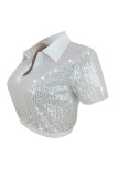 White Casual Solid Color Sequins Buttons Patchwork Turndown Collar Tops