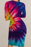 Gold Casual Print Patchwork O Neck Wrapped Skirt Dresses