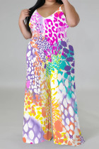 Multi-color Casual Floral Print Contrast V Neck Plus Size Jumpsuits(With a turban)