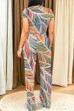 Beige Casual Geometric Print Pocket Contrast O Neck Short Sleeve Two Pieces