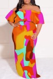 Rose Red Casual Print Patchwork Off Shoulder Long Plus Size Dresses