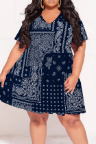 Blue Casual Print Patchwork V Neck Printed Plus Size Dresses