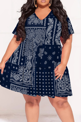 Blue Casual Print Patchwork V Neck Printed Plus Size Dresses