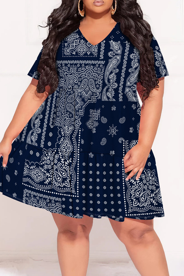 Blue Casual Print Patchwork V Neck Printed Plus Size Dresses