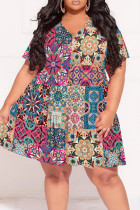 Multicolor Casual Print Patchwork V Neck Printed Plus Size Dresses