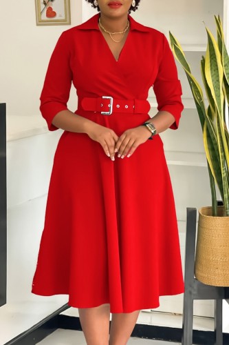 Red Casual Solid Color With Belt Turndown Collar A Line Dresses