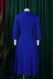 Blue Casual Solid Color With Belt Turndown Collar A Line Dresses