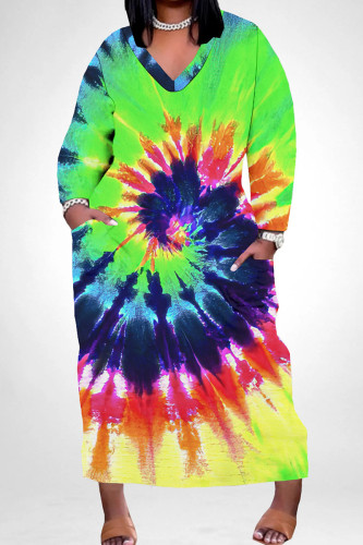 Colour Casual Print Pocket Patchwork V Neck Straight Plus Size Dresses