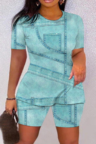 Lake Blue Casual Print Basic O Neck Short Sleeve Two Pieces
