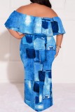 Rose Red Casual Print Patchwork Off Shoulder Long Plus Size Dresses