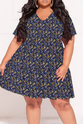 Tibetan Blue Casual Print Patchwork V Neck Printed Plus Size Dresses