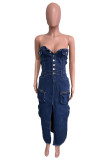 Deep Blue Sexy Casual Solid Color Pocket Backless Slit Strapless Sleeveless Bodycon Denim Dresses