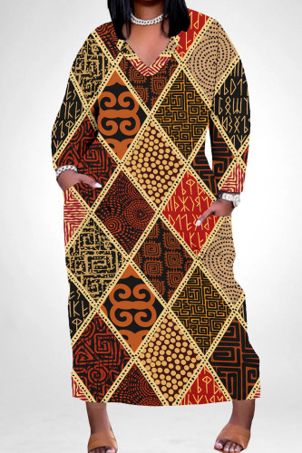 Red Yellow Casual Print Pocket Patchwork V Neck Straight Plus Size Dresses