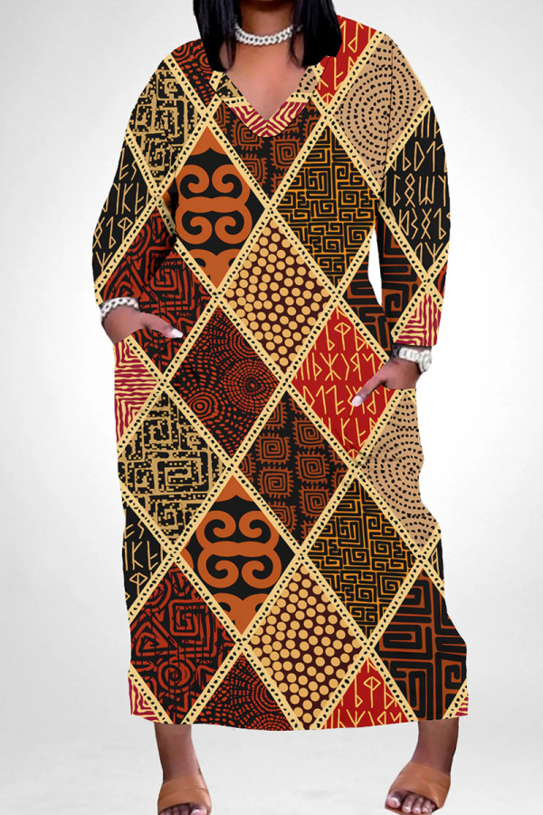 Red Yellow Casual Print Pocket Patchwork V Neck Straight Plus Size Dresses