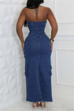 Deep Blue Sexy Casual Solid Color Pocket Backless Slit Strapless Sleeveless Bodycon Denim Dresses