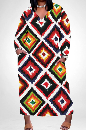 Red White Casual Print Pocket Patchwork V Neck Straight Plus Size Dresses