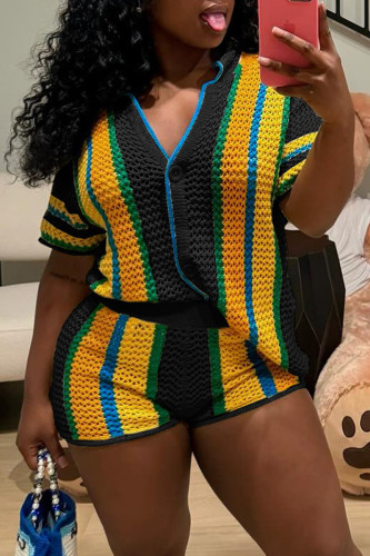 Black Yellow Casual Stripe Hollow Out Buckle Patchwork V Neck Short Sleeve Two Pieces