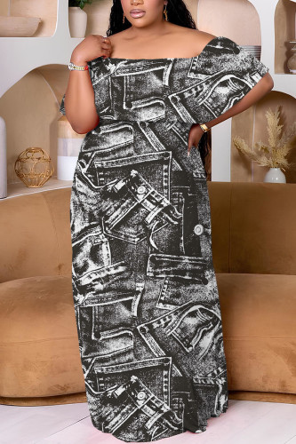 Black Casual Print Patchwork Off Shoulder Long Plus Size Dresses