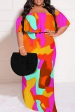 Rose Red Casual Print Patchwork Off Shoulder Long Plus Size Dresses