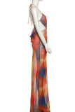 Orange Sexy Print Hollow Out Patchwork Backless High Slit Ruched Halter Long Dresses