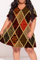Burgundy Casual Print Patchwork V Neck Printed Plus Size Dresses