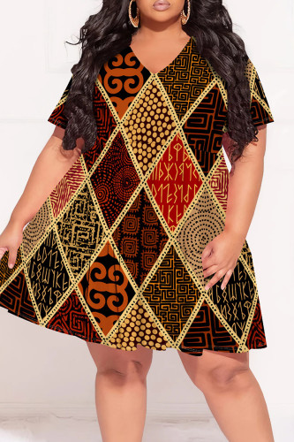 Burgundy Casual Print Patchwork V Neck Printed Plus Size Dresses