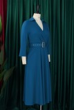 Blue Casual Solid Color With Belt Turndown Collar A Line Dresses
