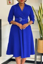 Blue Casual Solid Color With Belt Turndown Collar A Line Dresses