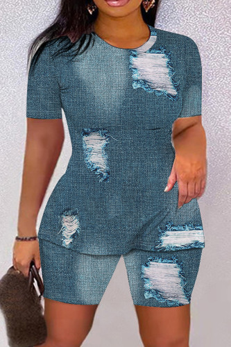 Navy Casual Print Basic O Neck Short Sleeve Two Pieces