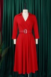 Blue Casual Solid Color With Belt Turndown Collar A Line Dresses