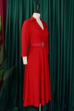 Blue Casual Solid Color With Belt Turndown Collar A Line Dresses