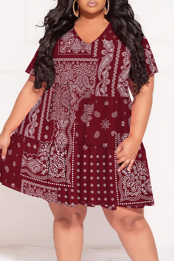 Burgundy Street Print Patchwork V Neck A Line Plus Size Dresses