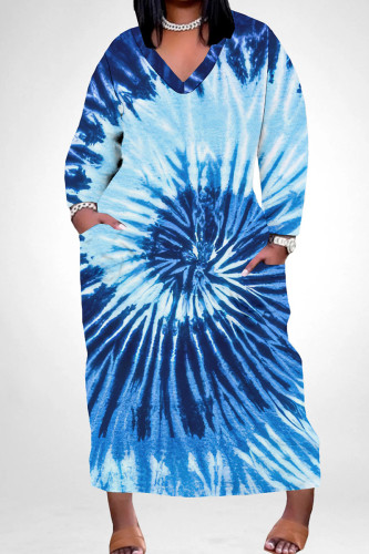 Blue Casual Print Pocket Patchwork V Neck Straight Plus Size Dresses