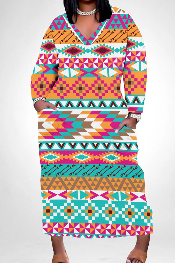 Multicolor Casual Print Pocket Patchwork V Neck Straight Plus Size Dresses