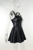 Black Sexy Solid Color Lace Patchwork Backless Strap Design Zipper Asymmetrical Collar A Line Dresses