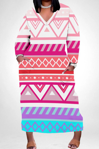 Rose Red Casual Print Pocket Patchwork V Neck Straight Plus Size Dresses