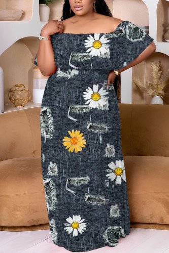 Deep Blue Casual Print Patchwork Off Shoulder Long Plus Size Dresses