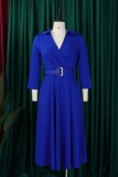 Blue Casual Solid Color With Belt Turndown Collar A Line Dresses